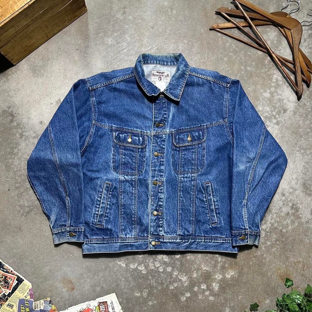 Vintage Wrangler Rugged Wear Denim Jean Jacket Mens XL Blue Eagle Embroidered
